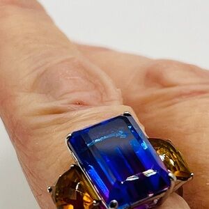 Emerald-Cut Midnite Fusion Doublet Quartz,Checkerboard-Cut Madeira Citrine Ring